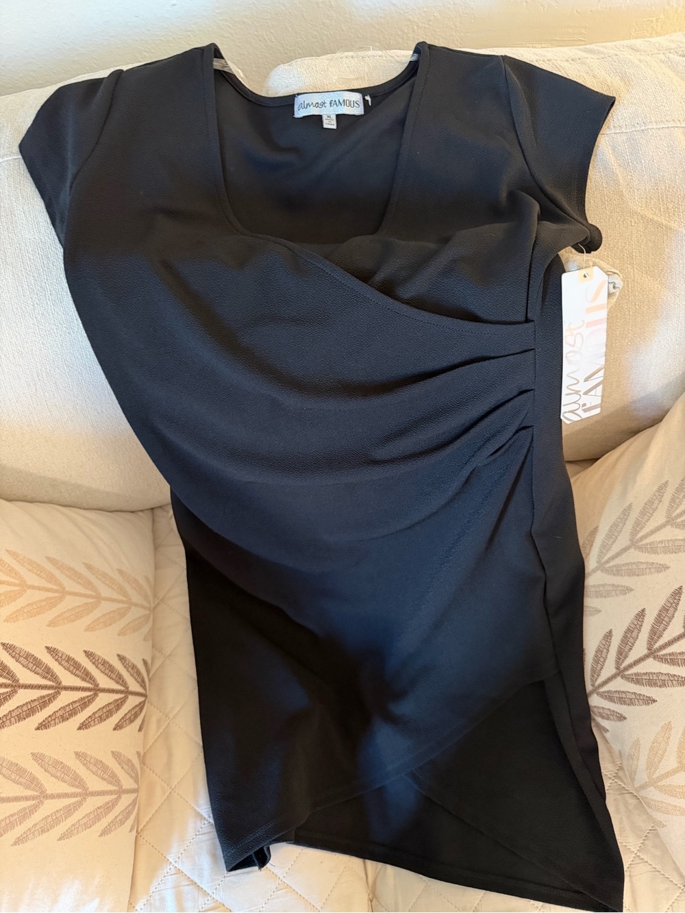 Almost Famous Black Asymmetrical Draped Cap-Sleeve Dress